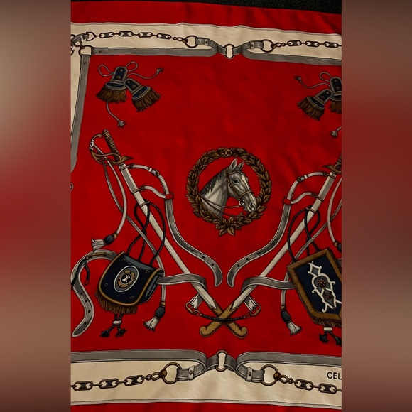 Celine Scarf. 100% Silk, Hand Rolled. Made in Italy. Equestrian Motif. - Picture 11 of 14